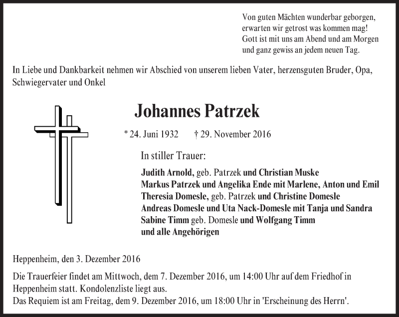  Traueranzeige für Johannes Patrzek vom 03.12.2016 aus Trauerportal Echo Online