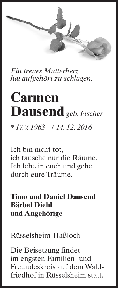  Traueranzeige für Carmen Dausend vom 17.12.2016 aus Trauerportal Rhein Main Presse