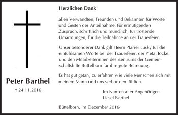 Traueranzeige von Peter Barthel von Trauerportal Echo Online
