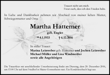 Traueranzeige von Martha Hattemer von Trauerportal Rhein Main Presse
