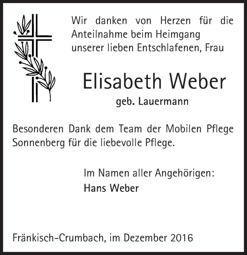  Traueranzeige für Elisabeth Weber vom 24.12.2016 aus Trauerportal Rhein Main Presse