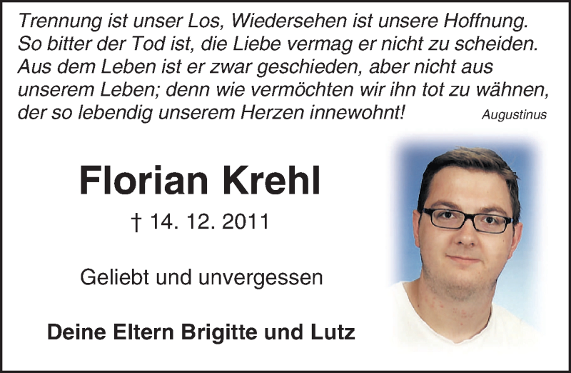  Traueranzeige für Florian Krehl vom 14.12.2016 aus Trauerportal Echo Online