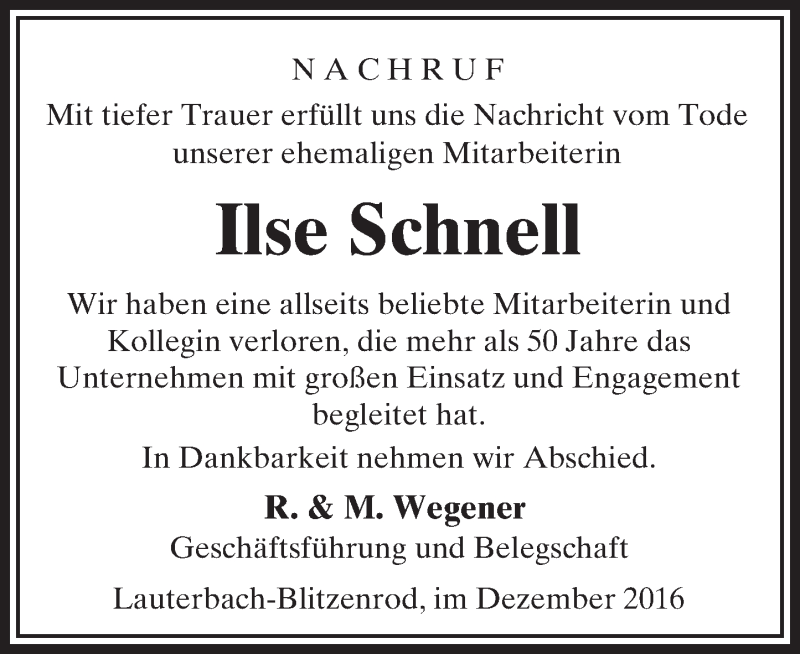  Traueranzeige für Ilse Schnell vom 10.12.2016 aus VRM Trauer