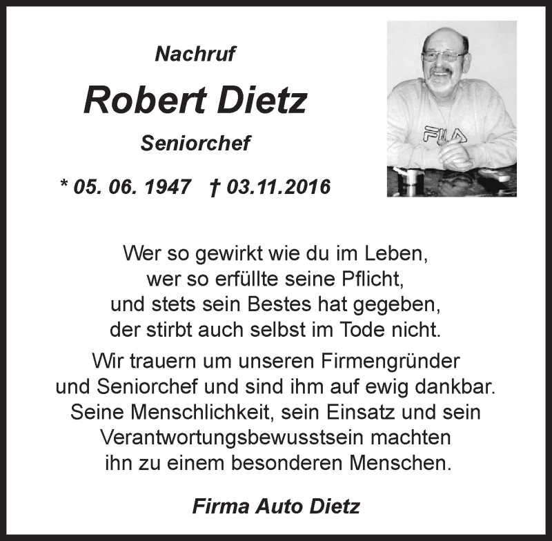  Traueranzeige für Robert Dietz vom 10.12.2016 aus Trauerportal Rhein Main Presse