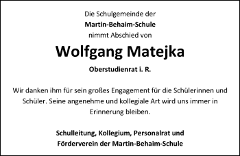 Traueranzeige von Wolfgang Matejka von Trauerportal Echo Online