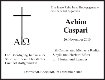Traueranzeige von Achim Caspari von Trauerportal Echo Online