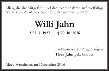 Traueranzeige von Willi Jahn von Trauerportal Rhein Main Presse