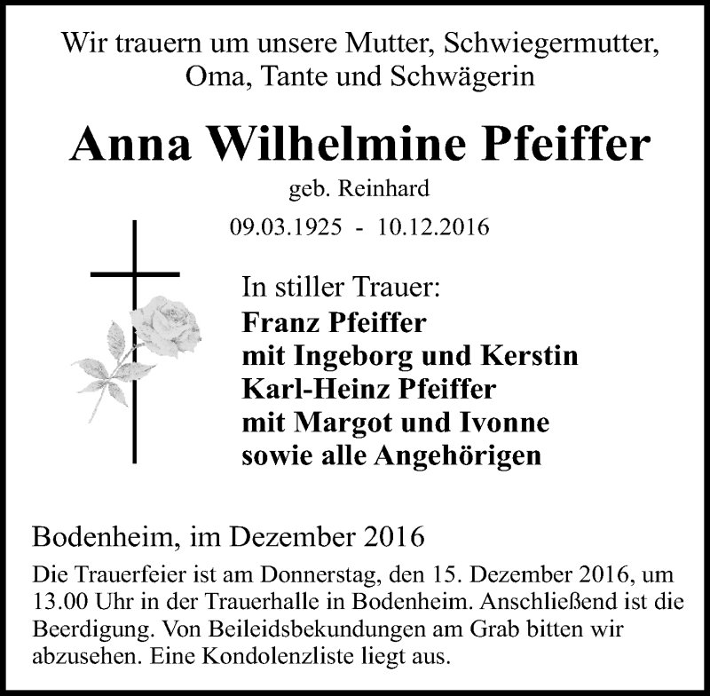  Traueranzeige für Anna Wilhelmine Pfeiffer vom 13.12.2016 aus Trauerportal Rhein Main Presse
