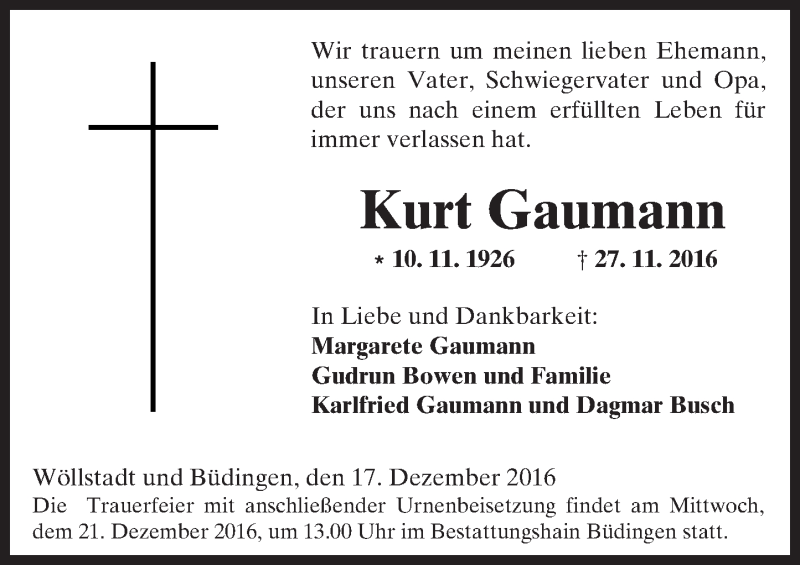 Traueranzeige für Kurt Gaumann vom 17.12.2016 aus  Kreisanzeiger