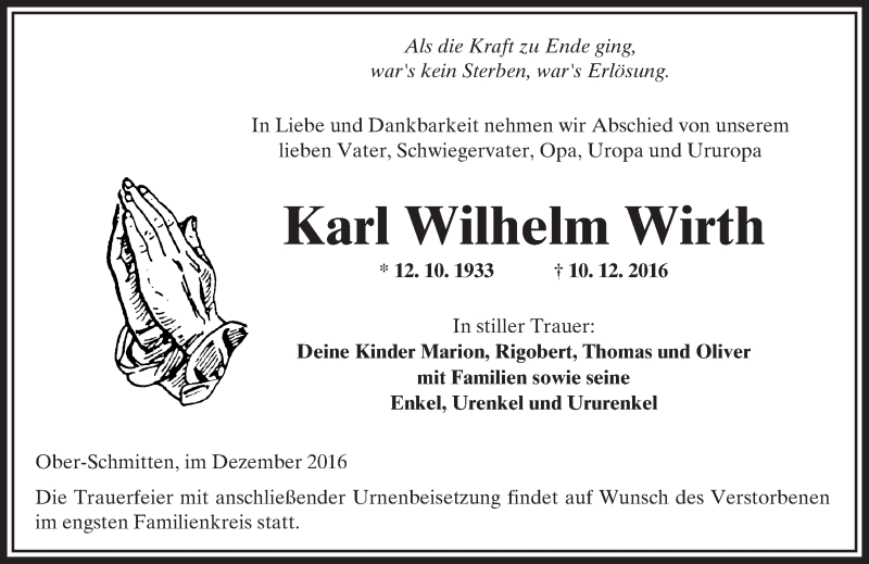  Traueranzeige für Karl Wilhelm Wirth vom 17.12.2016 aus  Kreisanzeiger