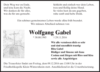 Traueranzeige von Wolfgang Gabel von Trauerportal Rhein Main Presse