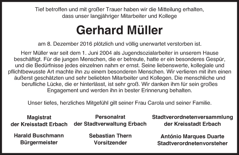  Traueranzeige für Gerhard Müller vom 14.12.2016 aus Trauerportal Echo Online