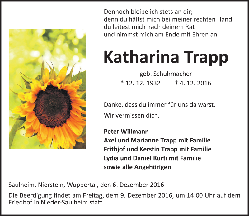  Traueranzeige für Katharina Trapp vom 06.12.2016 aus Trauerportal Rhein Main Presse