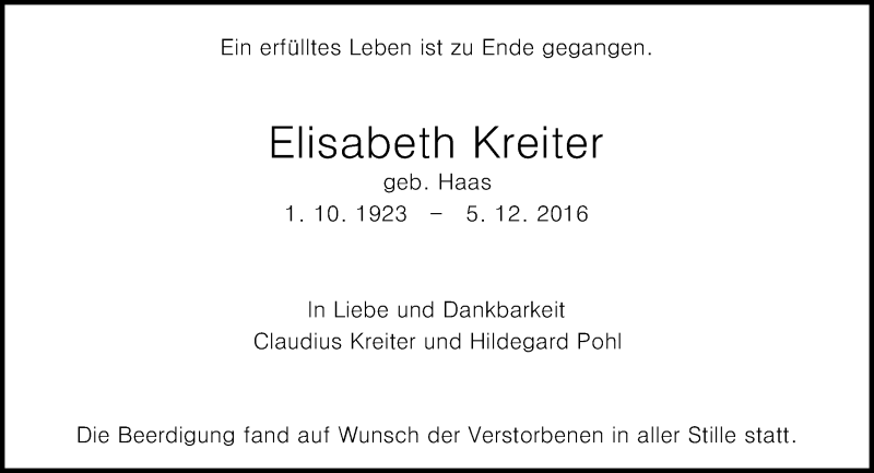  Traueranzeige für Elisabeth Kreiter vom 10.12.2016 aus Trauerportal Echo Online