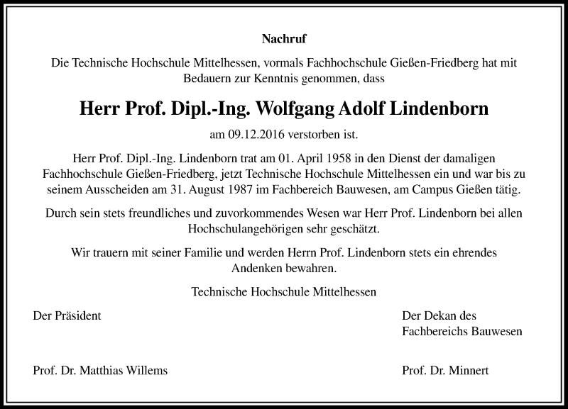  Traueranzeige für Wolfgang Adolf Lindenborn vom 24.12.2016 aus  Gießener Anzeiger