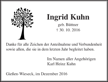 Traueranzeige von Ingrid Kuhn von  Gießener Anzeiger