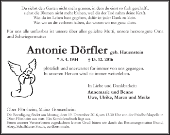 Traueranzeige von Antonie Dörfler von Trauerportal Rhein Main Presse