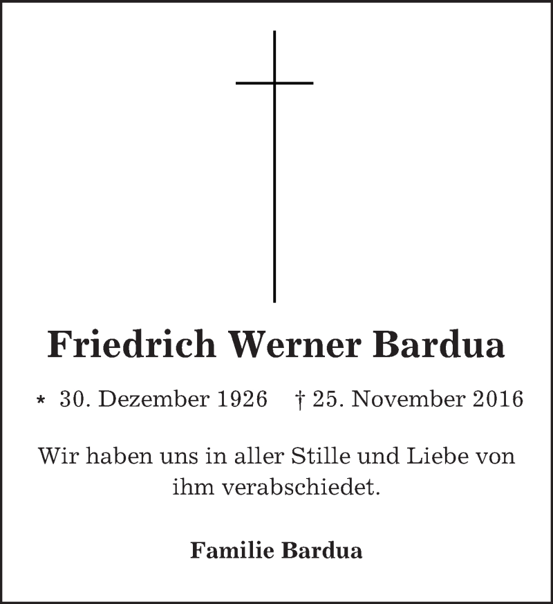  Traueranzeige für Friedrich Werner Bardua vom 07.12.2016 aus Trauerportal Echo Online