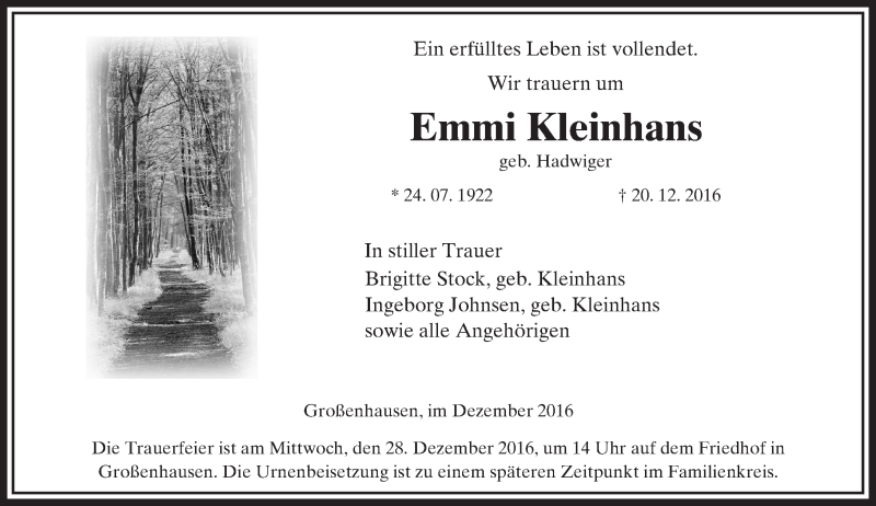  Traueranzeige für Emmi Kleinhans vom 24.12.2016 aus  Gelnhäuser Tageblatt