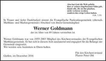 Traueranzeige von Werner Goldmann von  Gießener Anzeiger