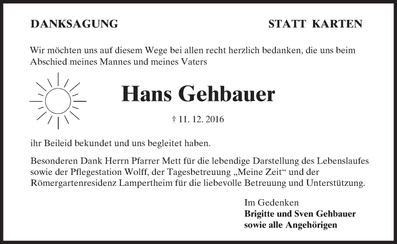  Traueranzeige für Hans Gehbauer vom 31.12.2016 aus Trauerportal Echo Online