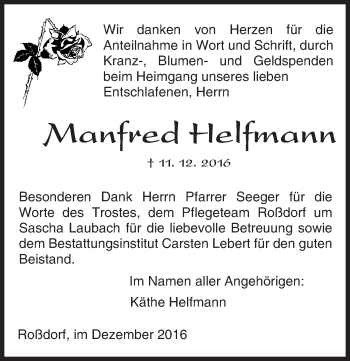 Traueranzeige von Manfred Helfmann von Trauerportal Echo Online