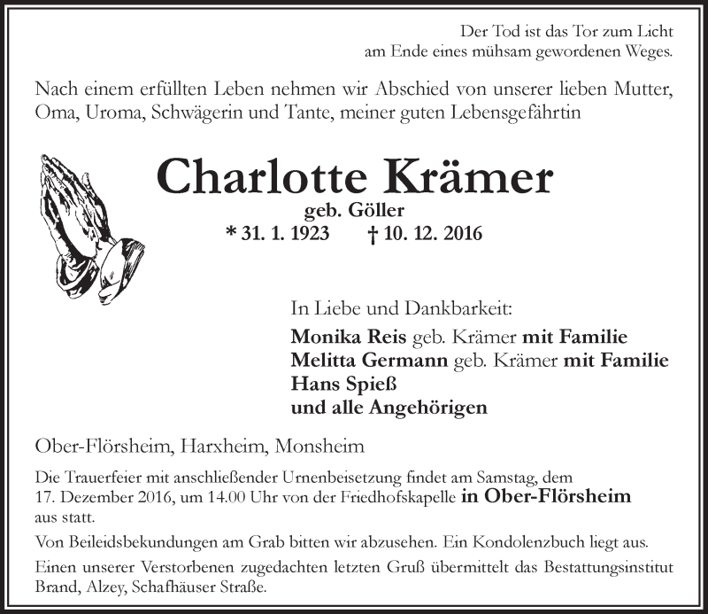  Traueranzeige für Charlotte Krämer vom 13.12.2016 aus Trauerportal Rhein Main Presse