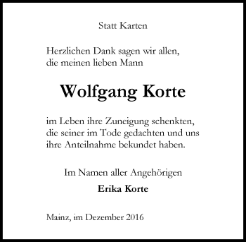 Traueranzeige von Wolfgang Korte von Trauerportal Rhein Main Presse