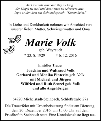 Traueranzeige von Marie Volk von Trauerportal Echo Online