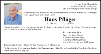 Traueranzeige von Hans Pflüger von Trauerportal Rhein Main Presse