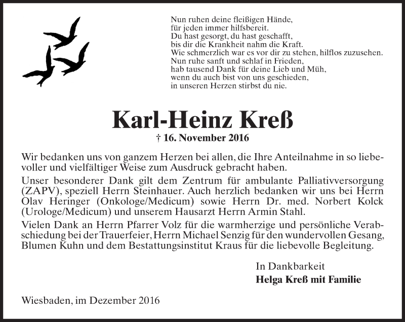  Traueranzeige für Karl-Heinz Kreß vom 10.12.2016 aus Trauerportal Rhein Main Presse