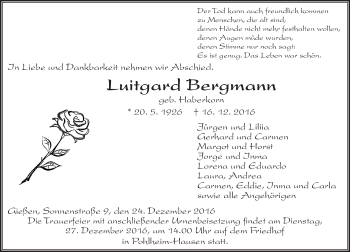Traueranzeige von Luitgard Bergmann von  Gießener Anzeiger
