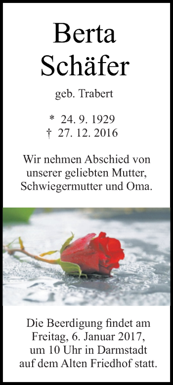 Traueranzeige von Berta Schäfer von Trauerportal Echo Online