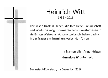 Traueranzeige von Heinrich Witt von Trauerportal Echo Online