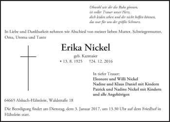 Traueranzeige von Erika Nickel von Trauerportal Echo Online