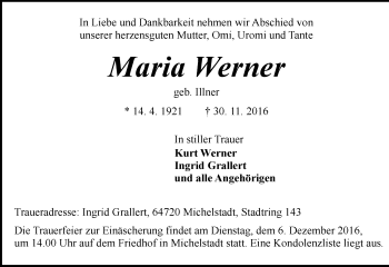 Traueranzeige von Maria Werner von Trauerportal Echo Online