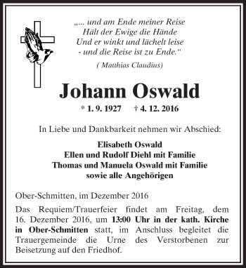 Traueranzeige von Johann Oswald von  Kreisanzeiger