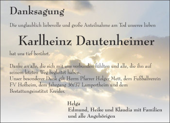 Traueranzeige von Karlheinz Dautenheimer von Trauerportal Echo Online
