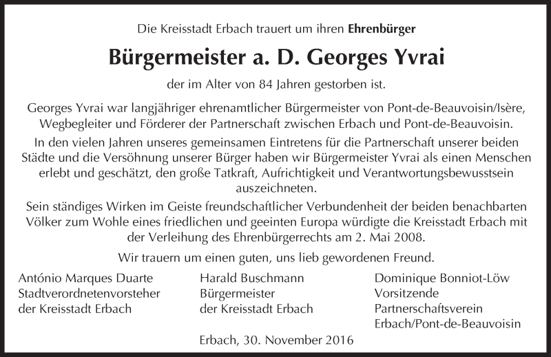  Traueranzeige für Georges Yvrai vom 02.12.2016 aus Trauerportal Echo Online
