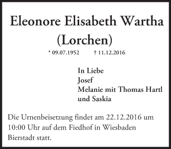 Traueranzeige von Eleonore Elisabeth Wartha von Trauerportal Rhein Main Presse