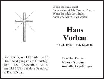 Traueranzeige von Hans Vorbau von Trauerportal Echo Online