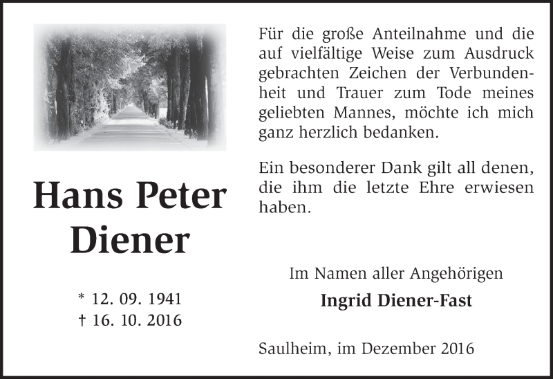  Traueranzeige für Hans Peter Diener vom 10.12.2016 aus Trauerportal Rhein Main Presse