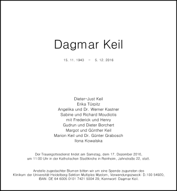 Traueranzeige von Dagmar Keil von Trauerportal Echo Online