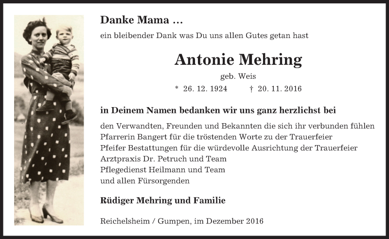  Traueranzeige für Antonie Mehring vom 17.12.2016 aus Trauerportal Echo Online