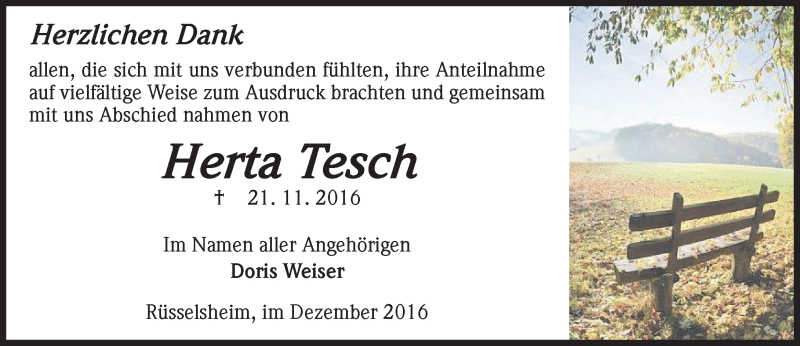  Traueranzeige für Herta Tesch vom 17.12.2016 aus Trauerportal Rhein Main Presse