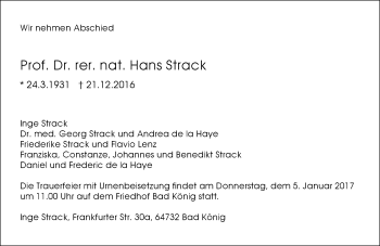 Traueranzeige von Hans Strack von Trauerportal Echo Online