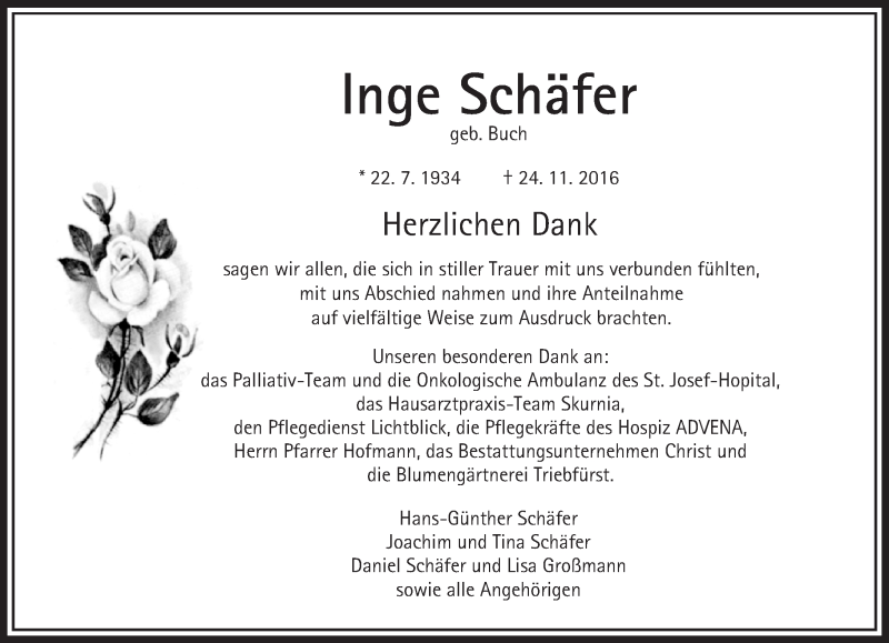  Traueranzeige für Inge Schäfer vom 17.12.2016 aus Trauerportal Rhein Main Presse