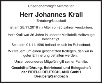 Traueranzeige von Johannes Krall von Trauerportal Echo Online