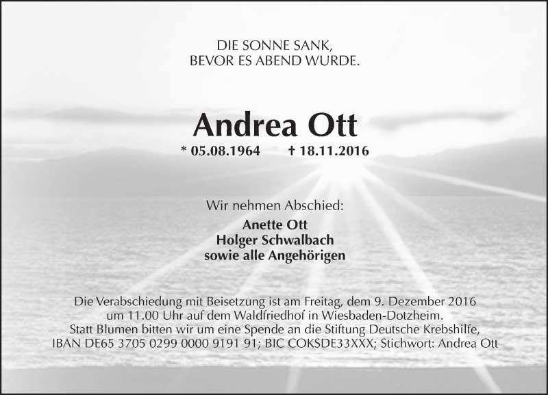  Traueranzeige für Andrea Ott vom 03.12.2016 aus Trauerportal Rhein Main Presse