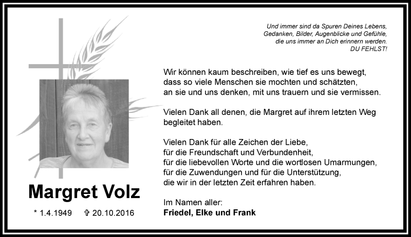  Traueranzeige für Margret Volz vom 03.12.2016 aus Trauerportal Echo Online